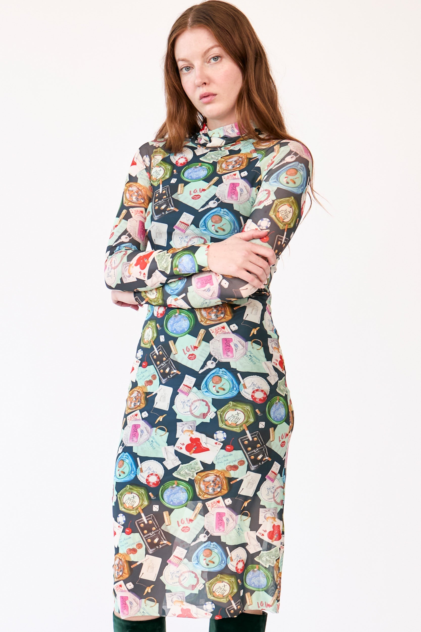 Long Sleeve Printed Mesh Turtleneck Dress 1X