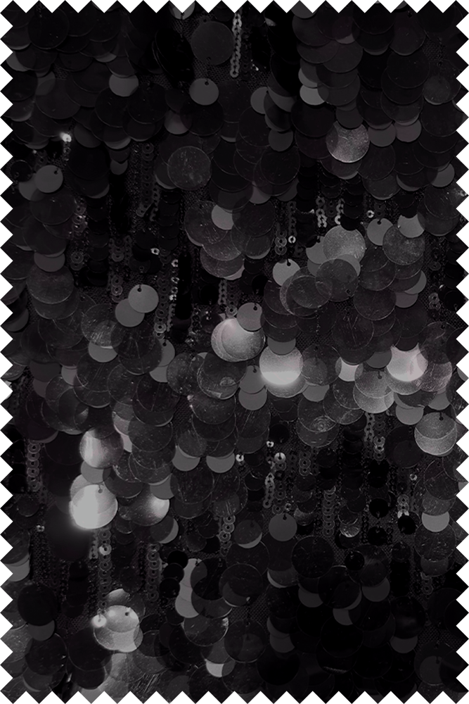 Black sequin fabric with large round sequins and hanging chain details, shown as a flat material sample with a zigzag cut edge.