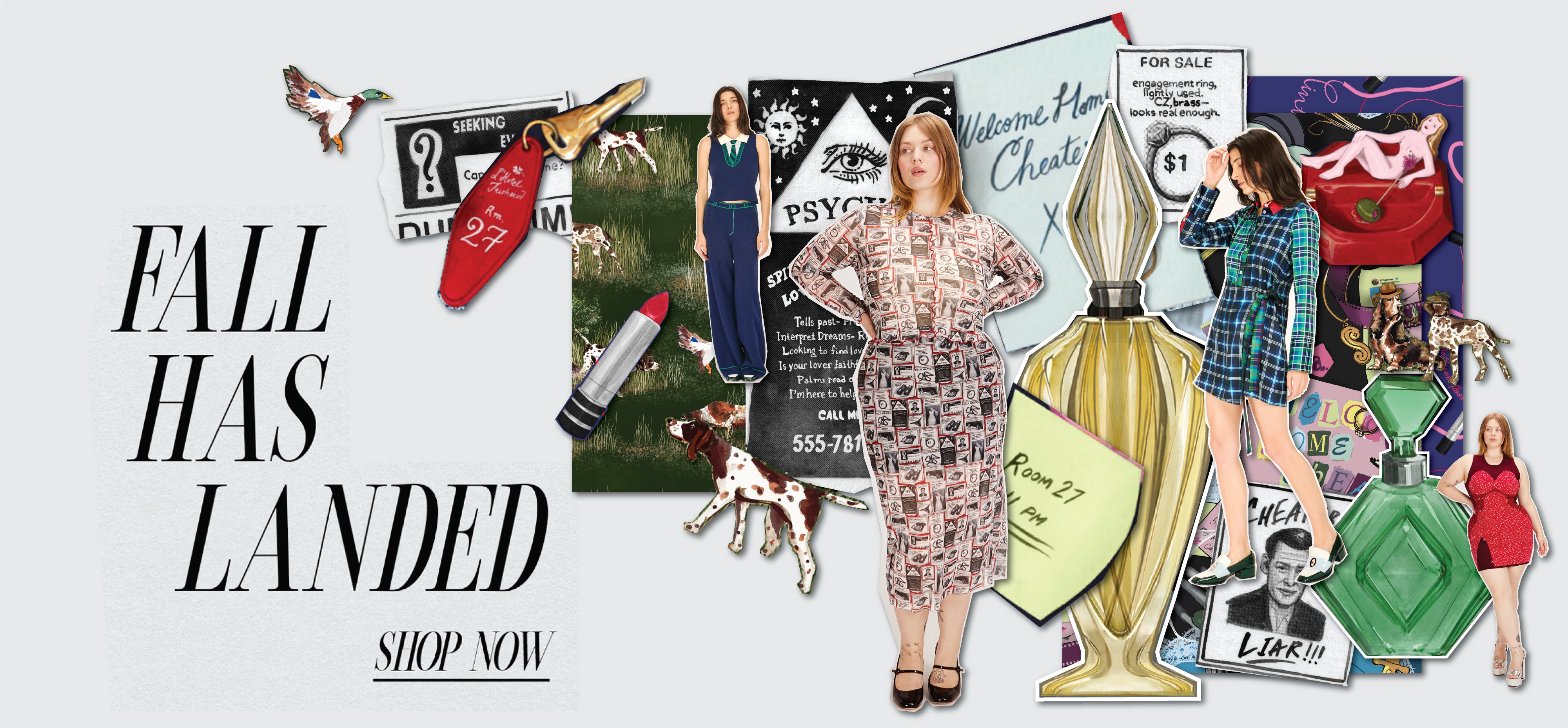 A collage-style promotional banner with the text 'FALL HAS LANDED' and 'SHOP NOW' on a light gray background. The right side features multiple fashion and lifestyle cutouts, including a woman in a patterned dress, a woman in a plaid top, perfume bottles, a red lipstick, a red hat, and other seasonal items.