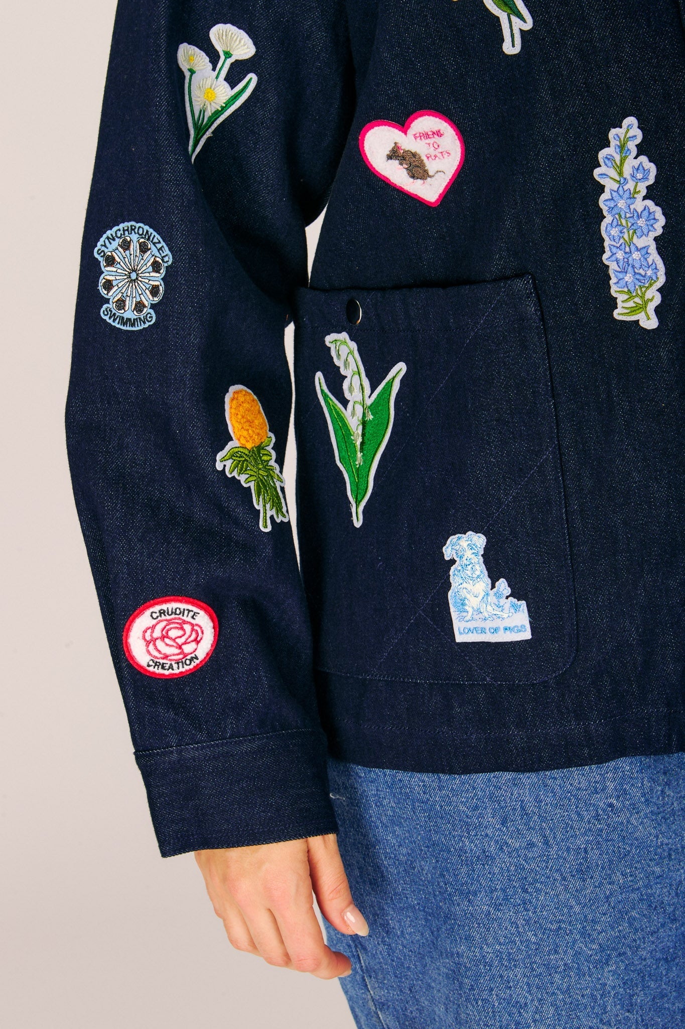 LIZZIE JACKET INDIGO W/ PATCHES OUTERWEAR RachelAntonoff.com