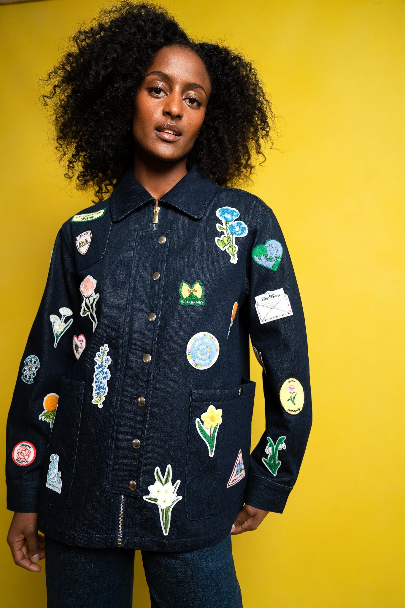 LIZZIE JACKET INDIGO W/ PATCHES OUTERWEAR RachelAntonoff.com