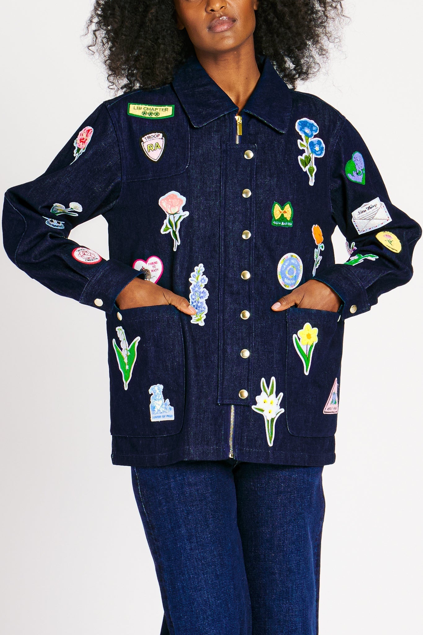 LIZZIE JACKET INDIGO W/ PATCHES OUTERWEAR RachelAntonoff.com