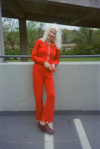 Red Knit Bootcut Pants - Scalloped Hem