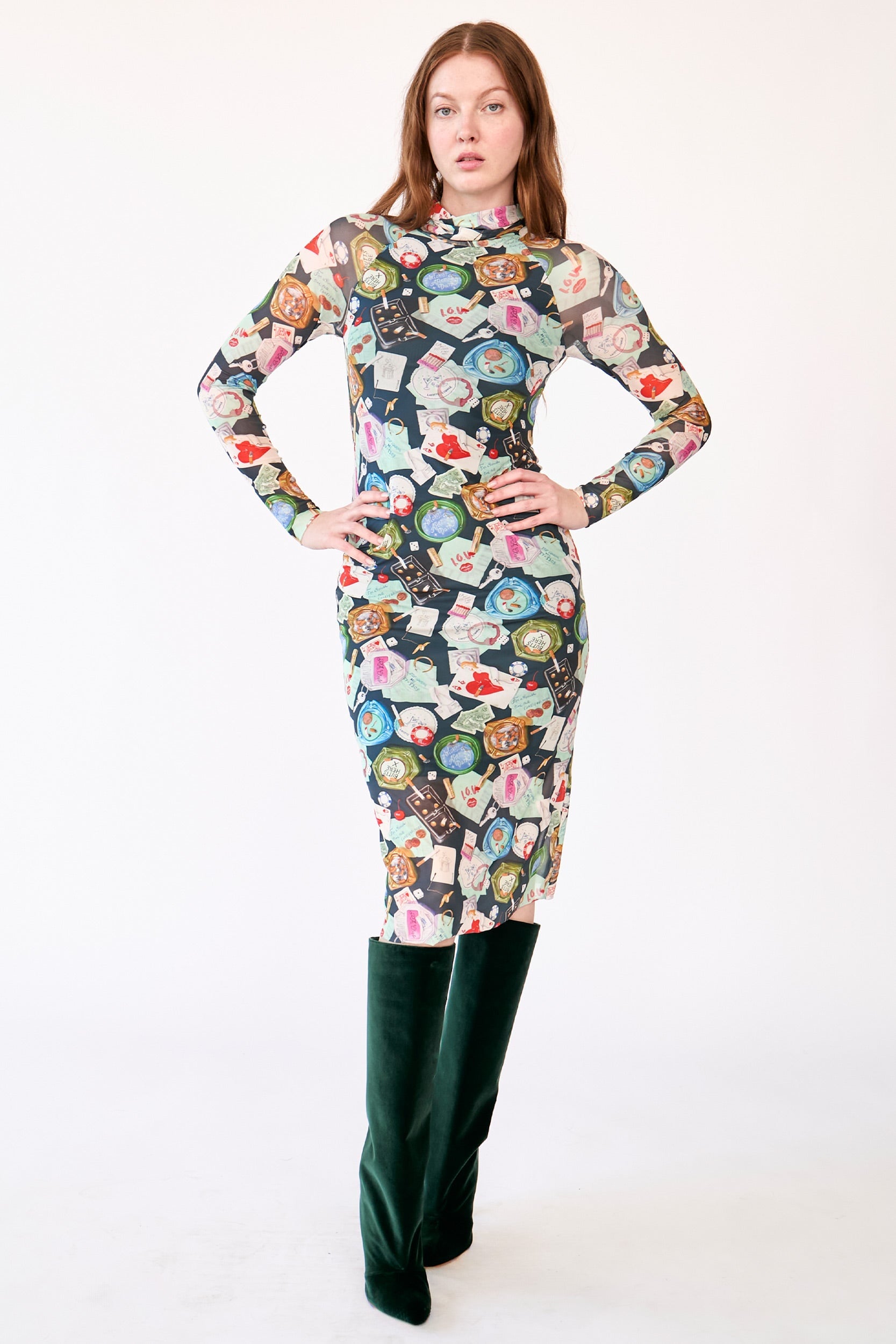 Long Sleeve Printed Mesh Turtleneck Dress 1X