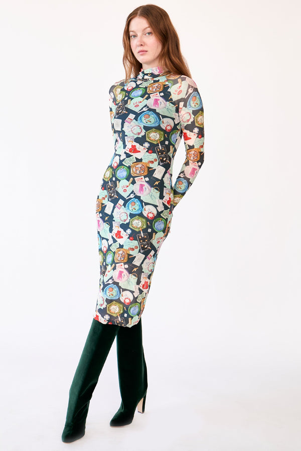 Long Sleeve Printed Mesh Turtleneck Dress 1X - multicolor | Rachel Antonoff - 1X