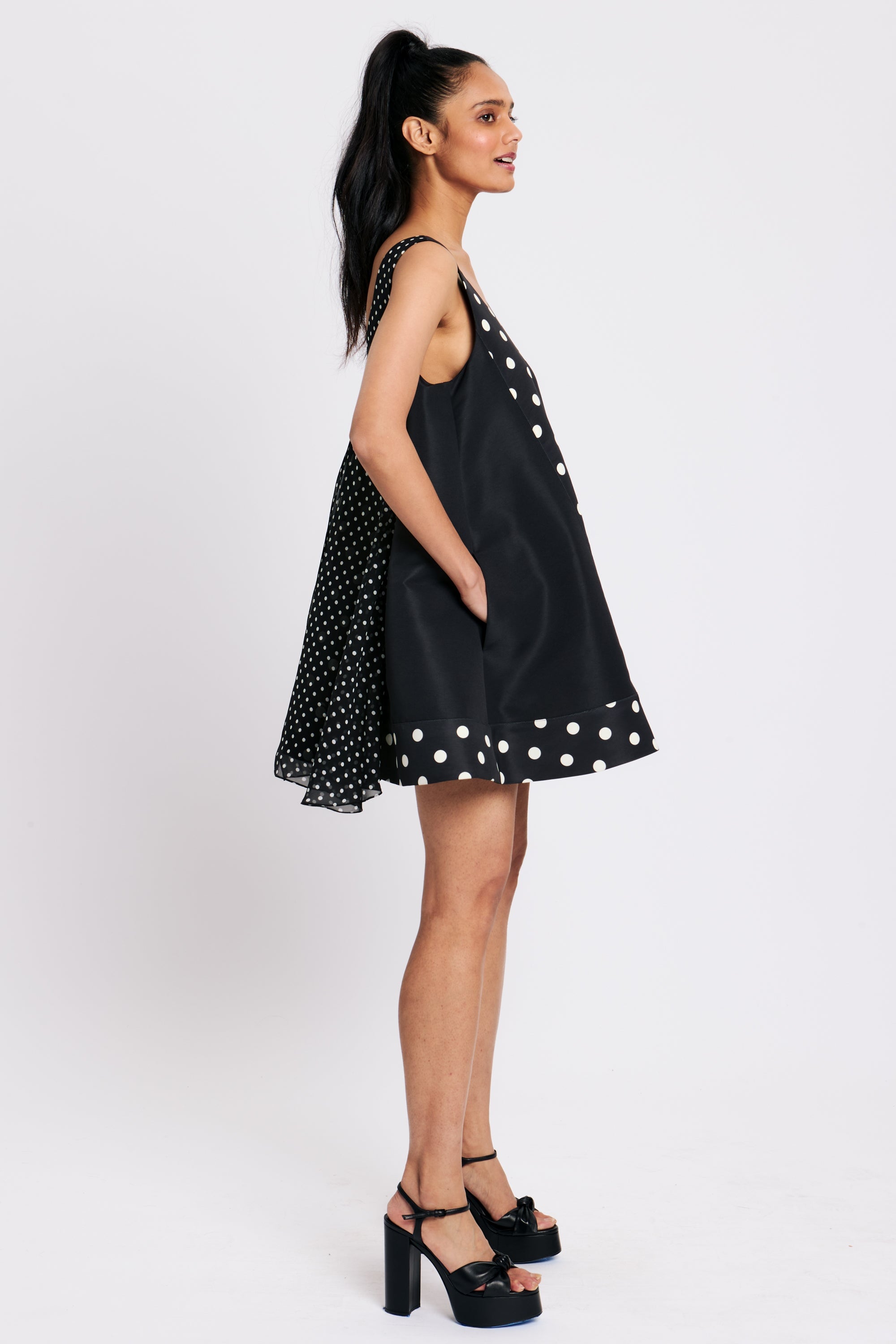 Sleeveless Babydoll Black and White Polka Dot Dress