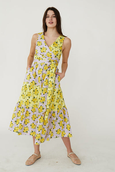 Rachel Antonoff 2024 Ali Floral Tie Front Cotton Midi Dress Blue Yellow Size 0