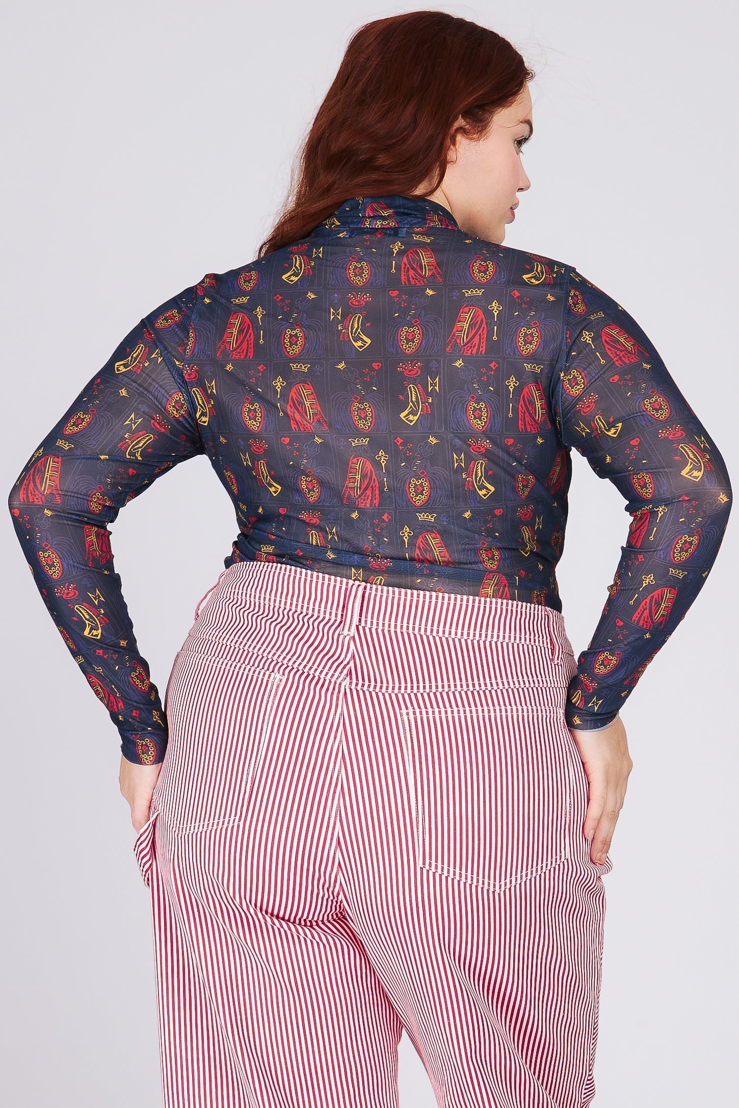 Long Sleeve Mesh Card Print Turtleneck