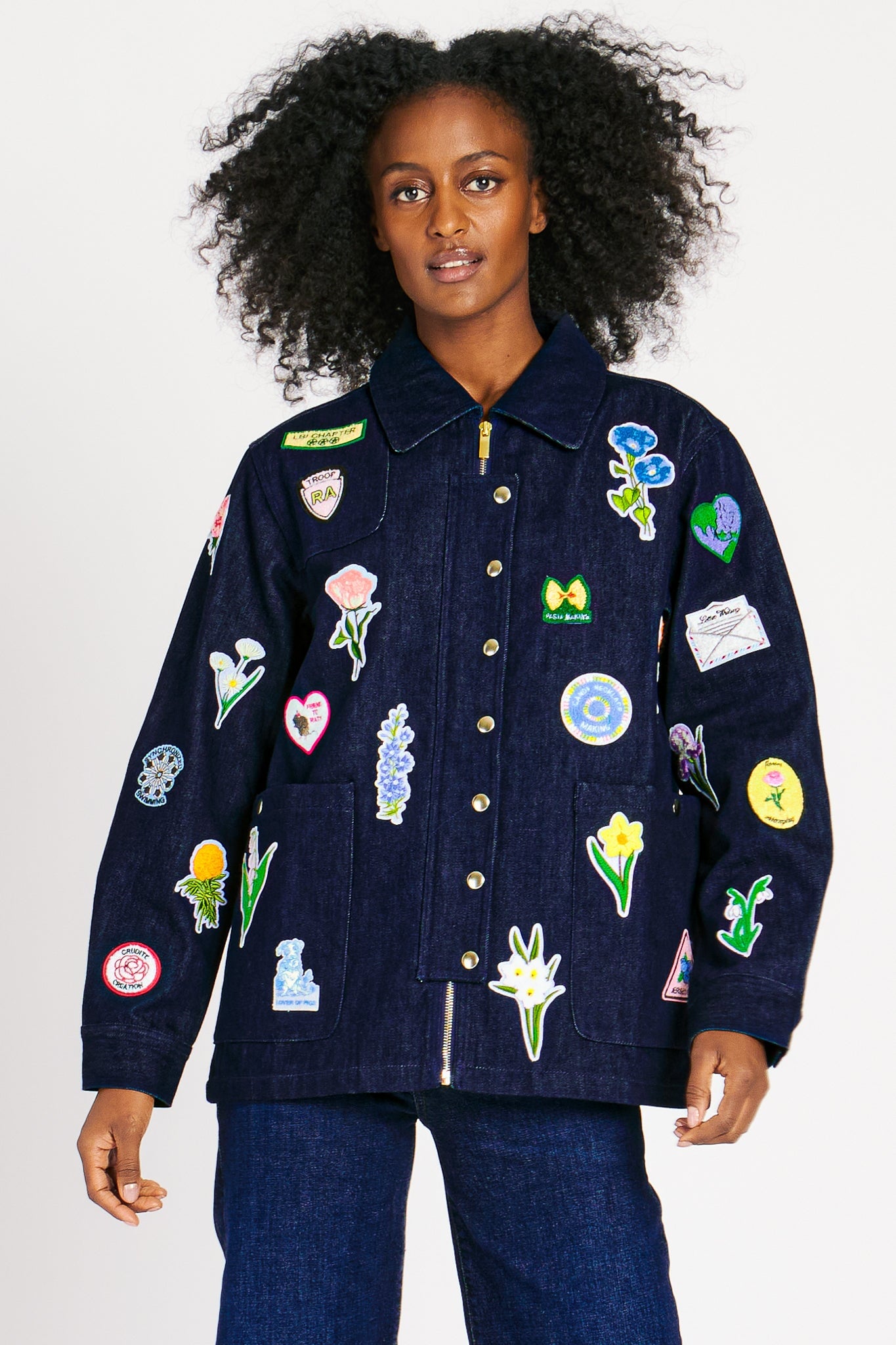 LIZZIE JACKET INDIGO W/ PATCHES OUTERWEAR RachelAntonoff.com 