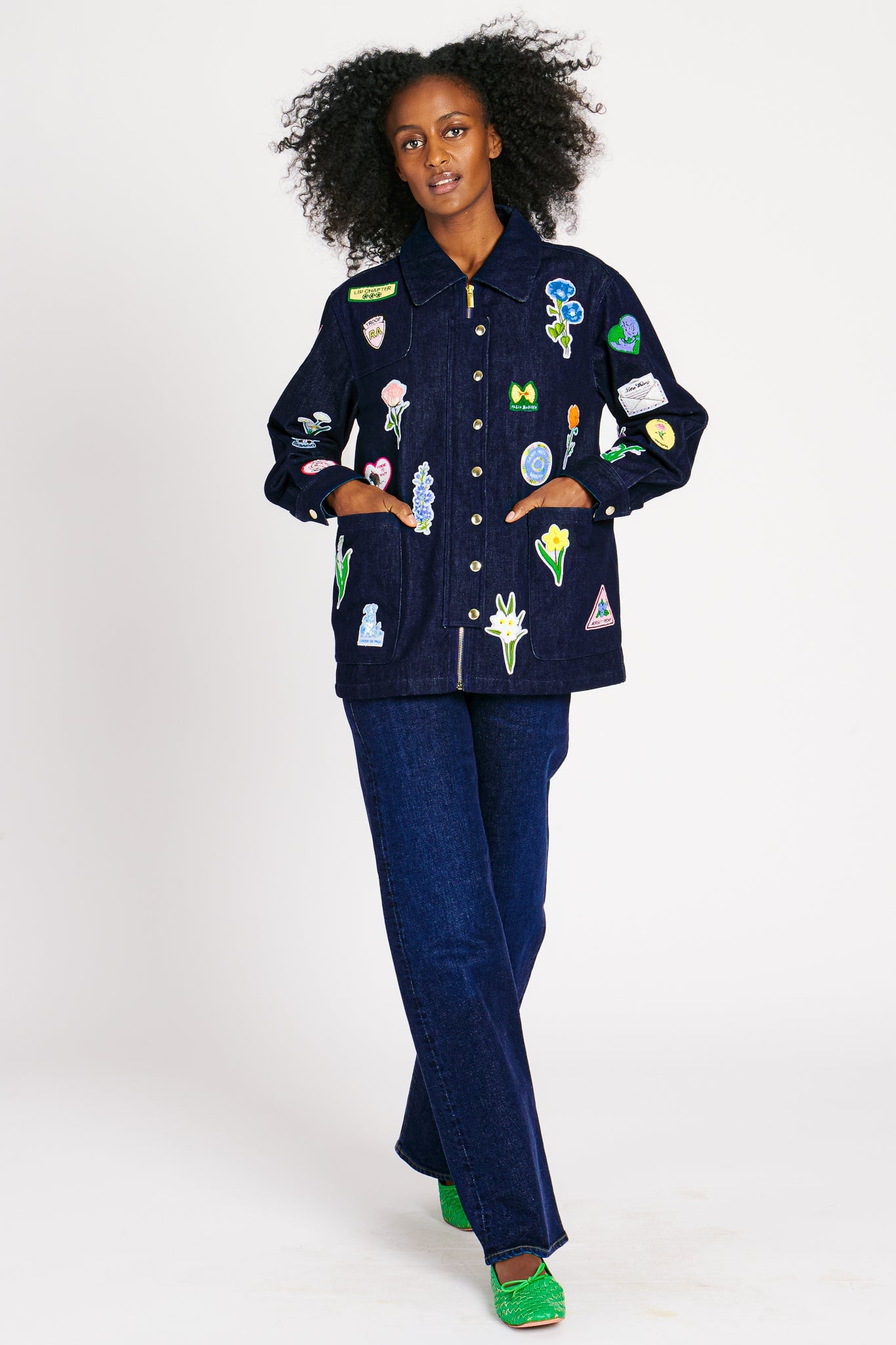 LIZZIE JACKET INDIGO W/ PATCHES OUTERWEAR RachelAntonoff.com 