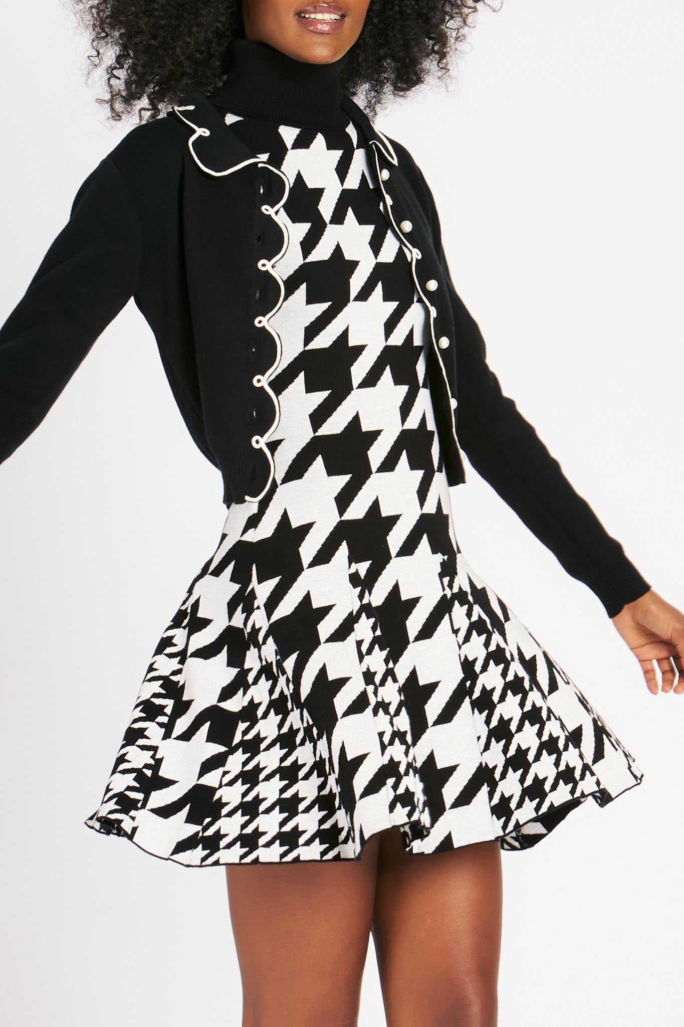 Black and white houndstooth turtleneck mini dress