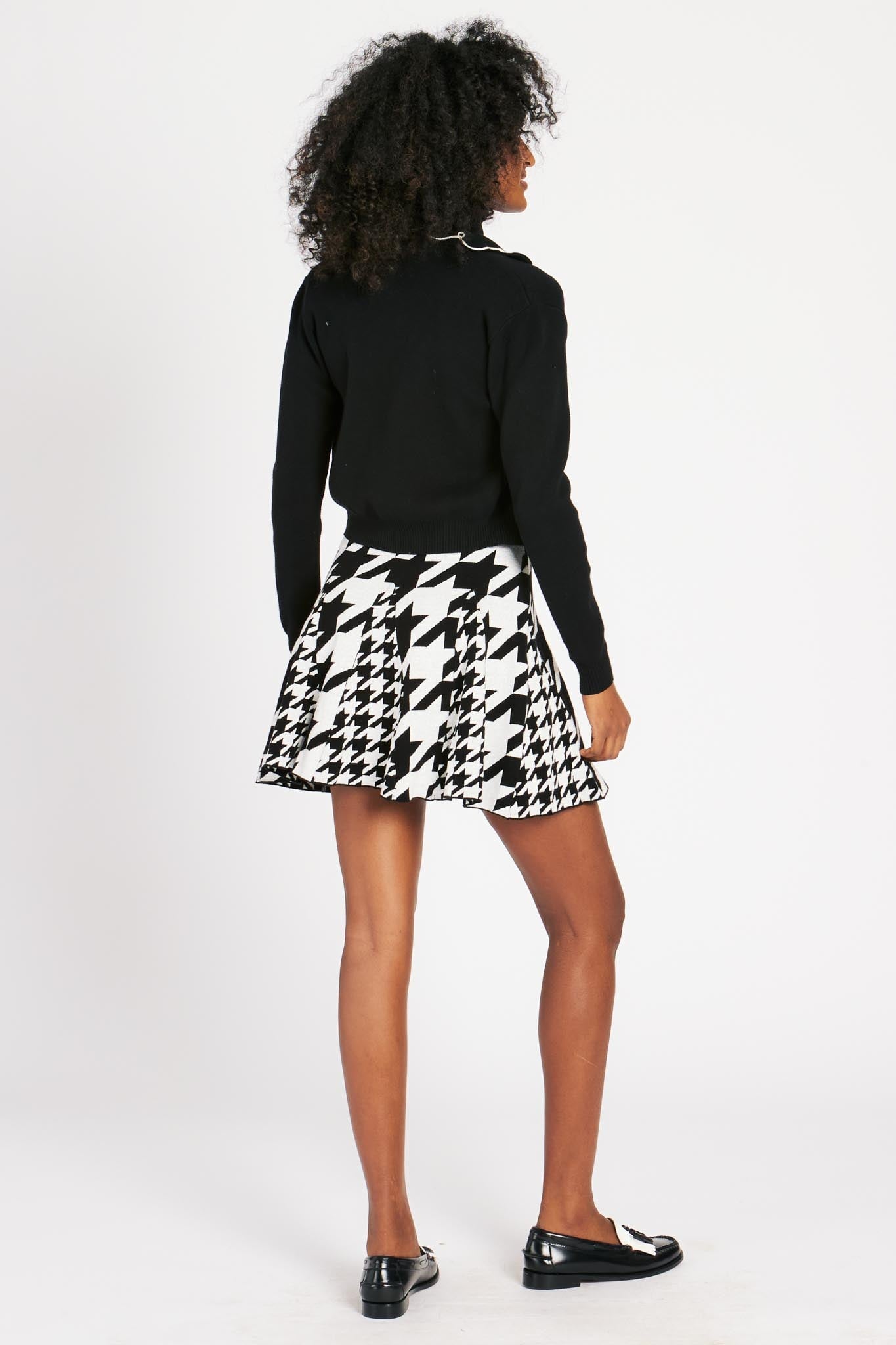Black and white houndstooth turtleneck mini dress