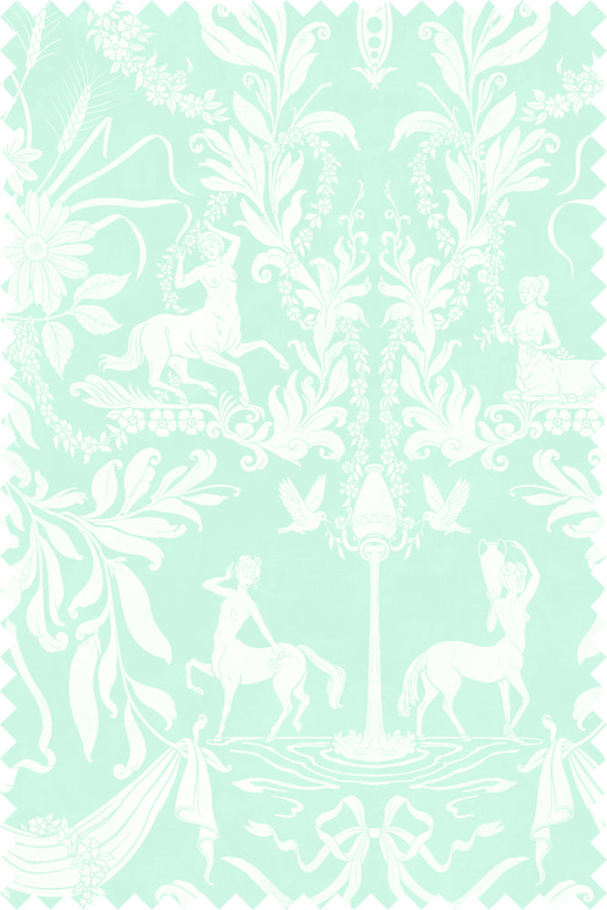 Mint green and white damask wallpaper featuring classical figures, horses, birds, and ornate foliage motifs.