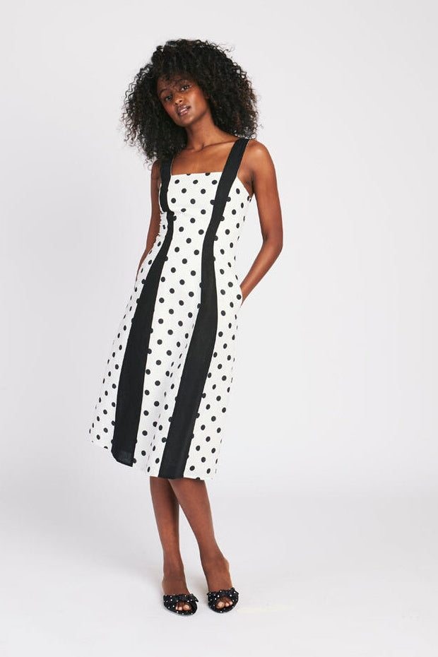 the woman in the polka dot dress self-portrait - Navy Bandeau Satin Midi and a square neckline that says My wealthy husband suffered a tragic fall. For maximum effect Rachel Antonoff Sloane DRESS -