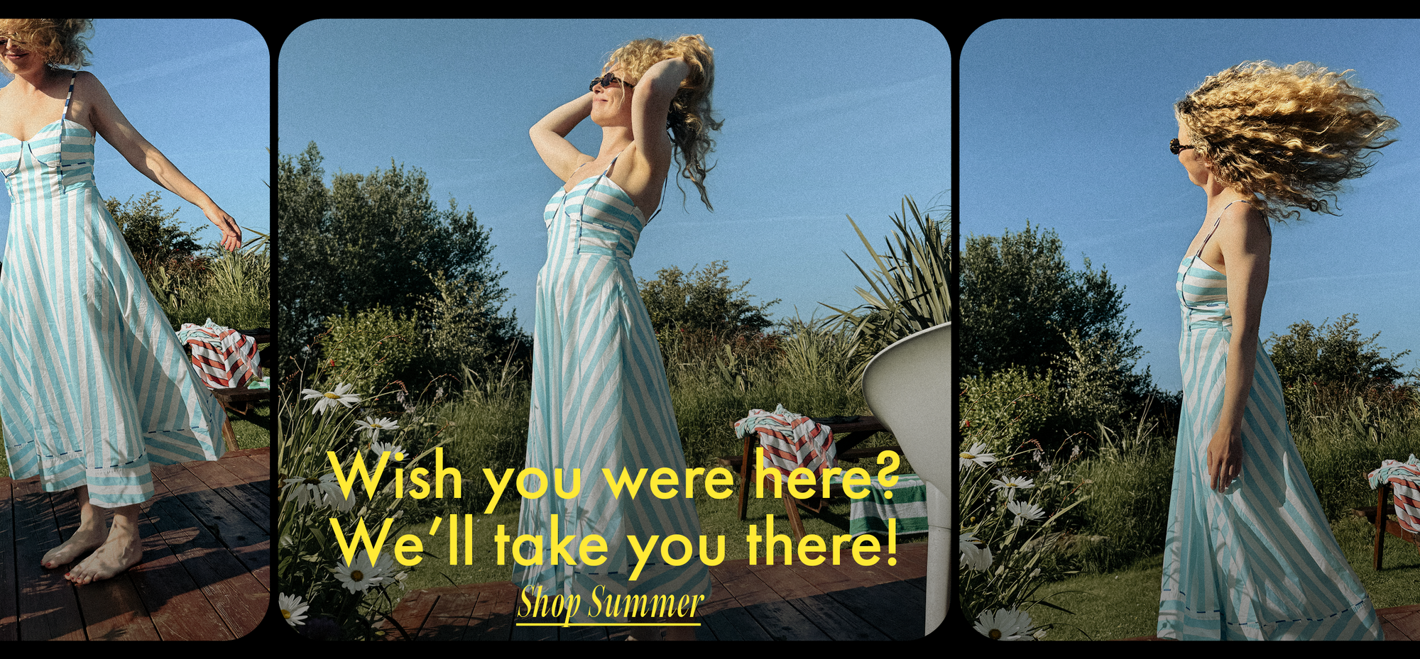 Woman in a light blue dress with text overlay in a triptych format.