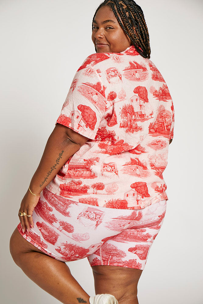 Tony's Toile Print Top - Red Collared Shirt 