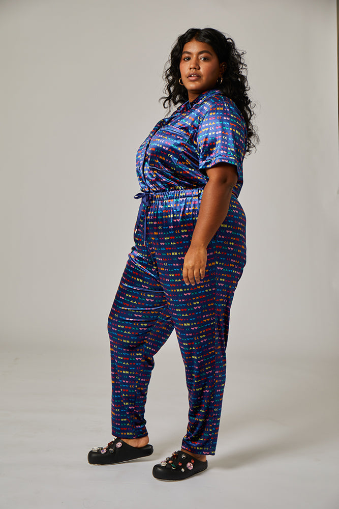 JEWEL JUMPSUIT XS- 3X Blue jumpsuit Rachel Antonoff with satin drawcord waist plus sizes available