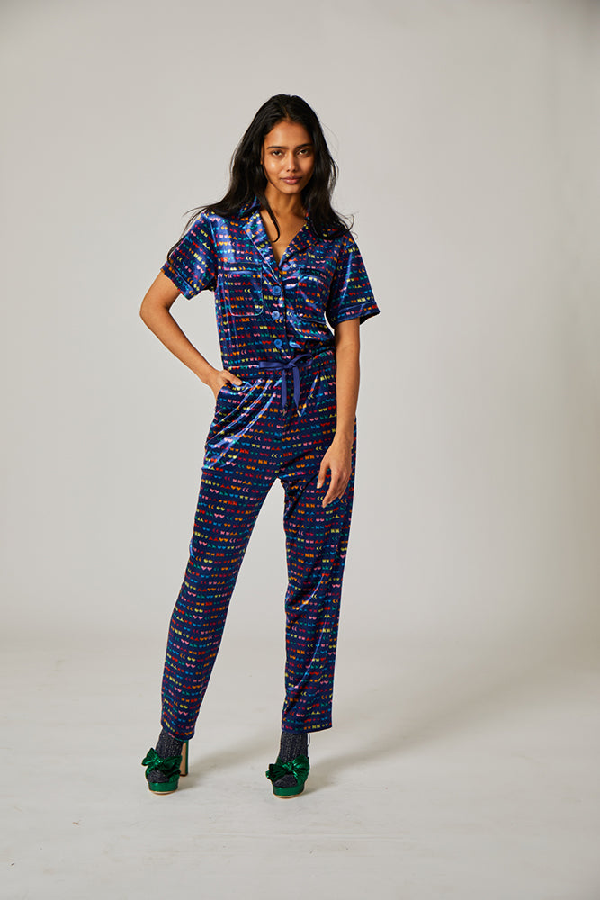 JEWEL JUMPSUIT by Rachel Antonoff XS- 3X blue velour jumpsuit with colorful print available in curvy and inclusive sizes