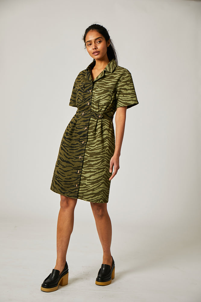 CASSIE DRESS Rachel Antonoff Short sleeve lapel collar shirtdress in colorblocked tiger print twill sizes 0-12