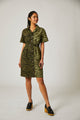 CASSIE DRESS RACHEL ANTONOFF Short sleeve lapel collar above the knee shirtdress in safari green tiger print