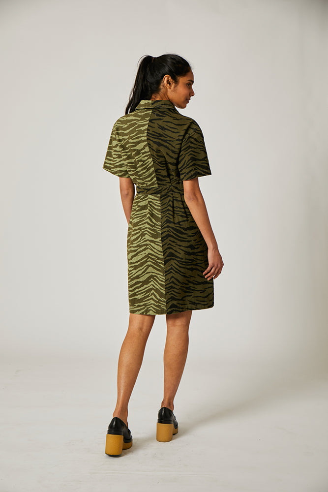 CASSIE DRESS RACHEL ANTONOFF Tiger print shirt dress in military and safari green available in sizes 0 to 12